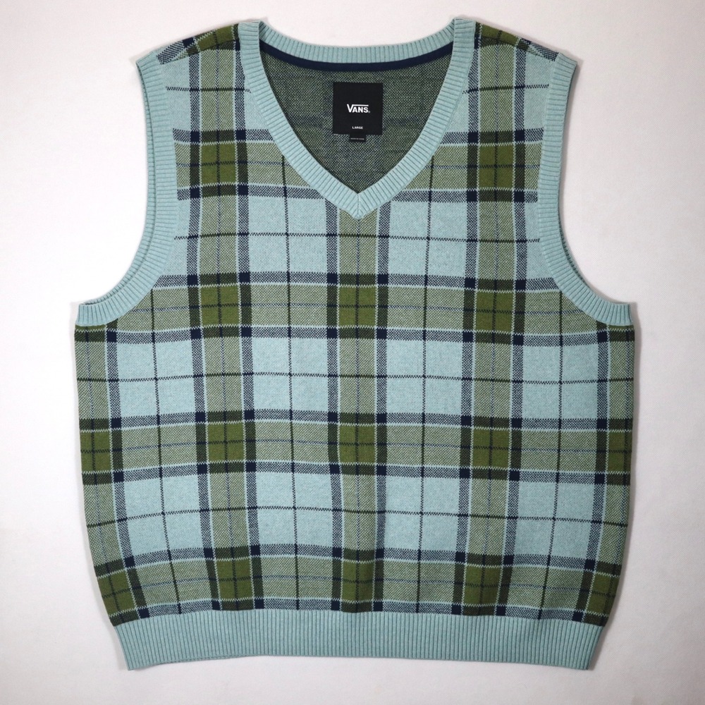 Vans Sweater Vest Mens L Blue Green Plaid Almondwood NWT Knit Casual Preppy